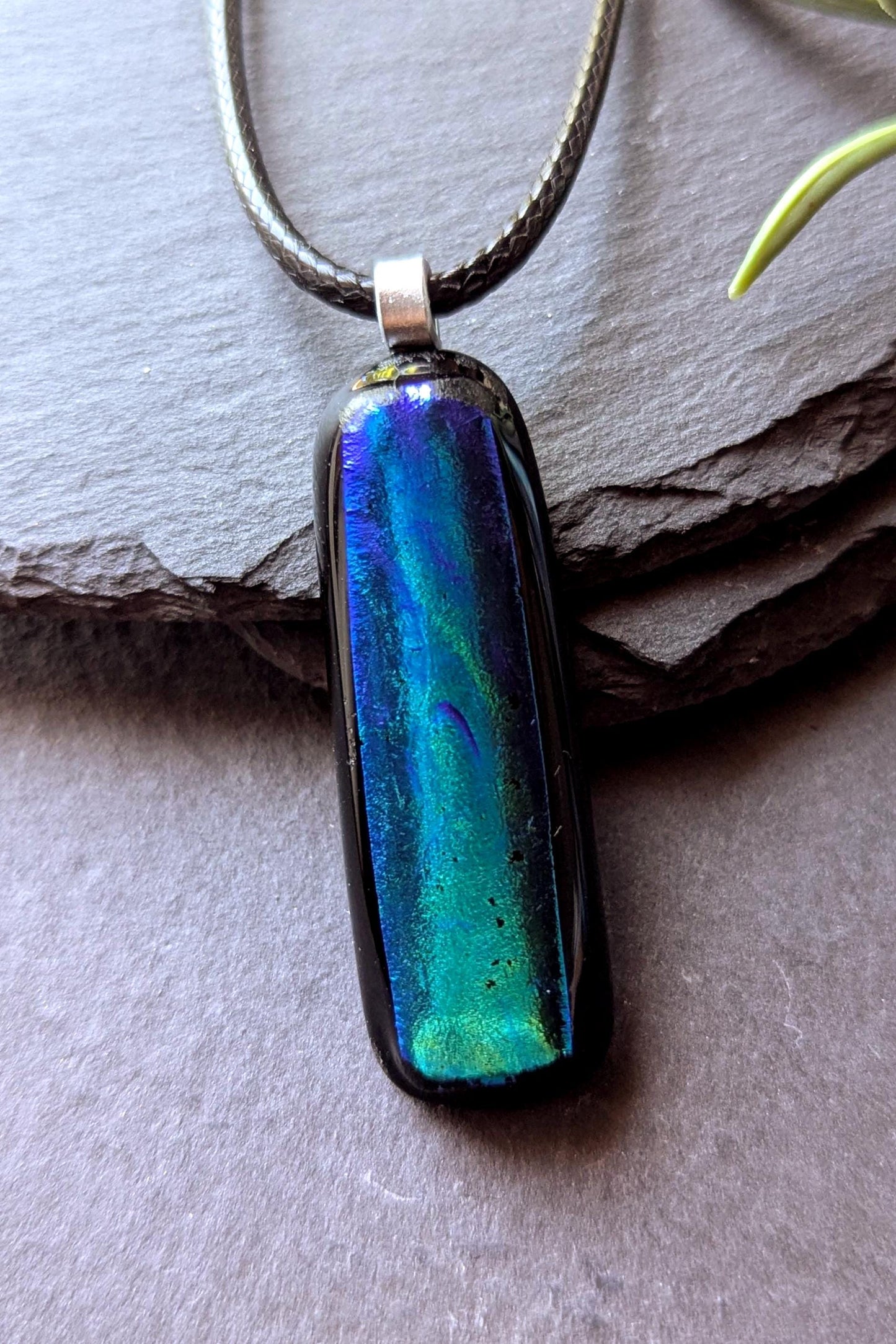 Long Vibrant Blue Turquoise Dichroic Glass Pendant with Necklace