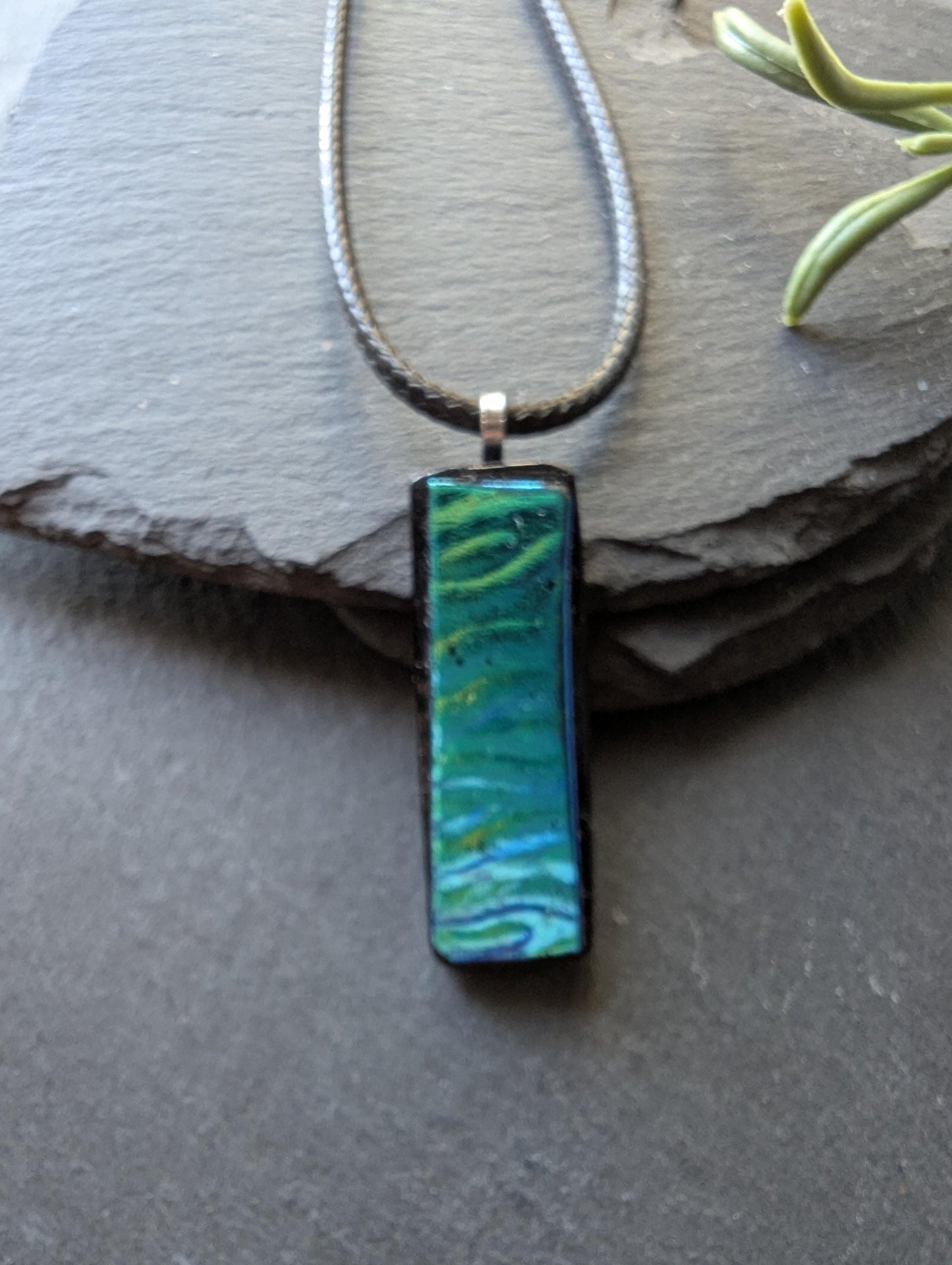 One-of-a-Kind Blue Green Textured Dichroic Glass Pendant with two necklaces
