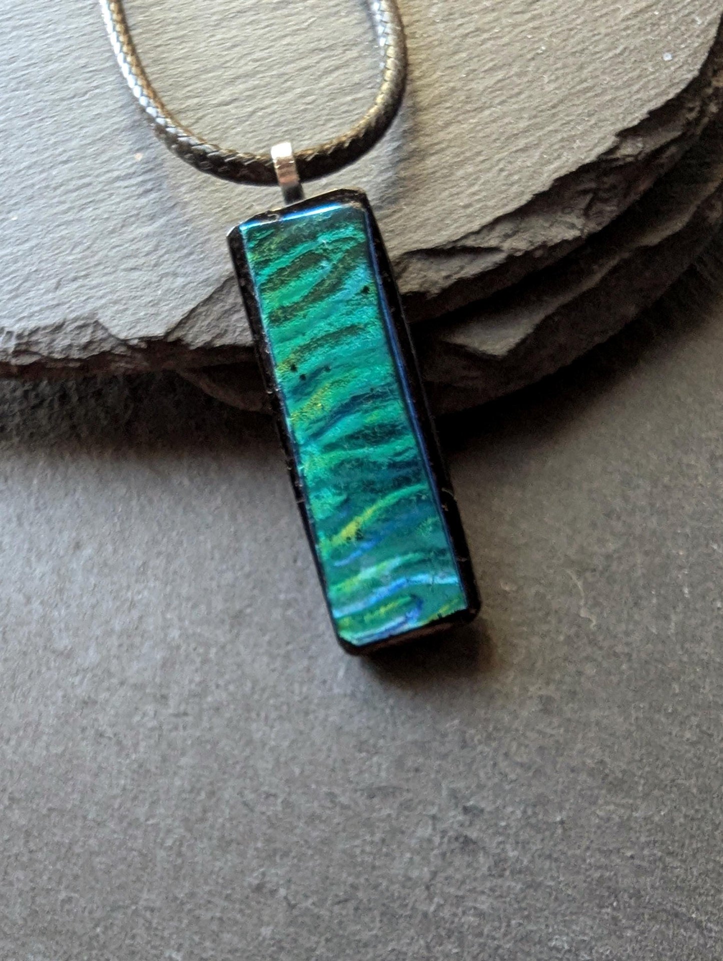 One-of-a-Kind Blue Green Textured Dichroic Glass Pendant with two necklaces