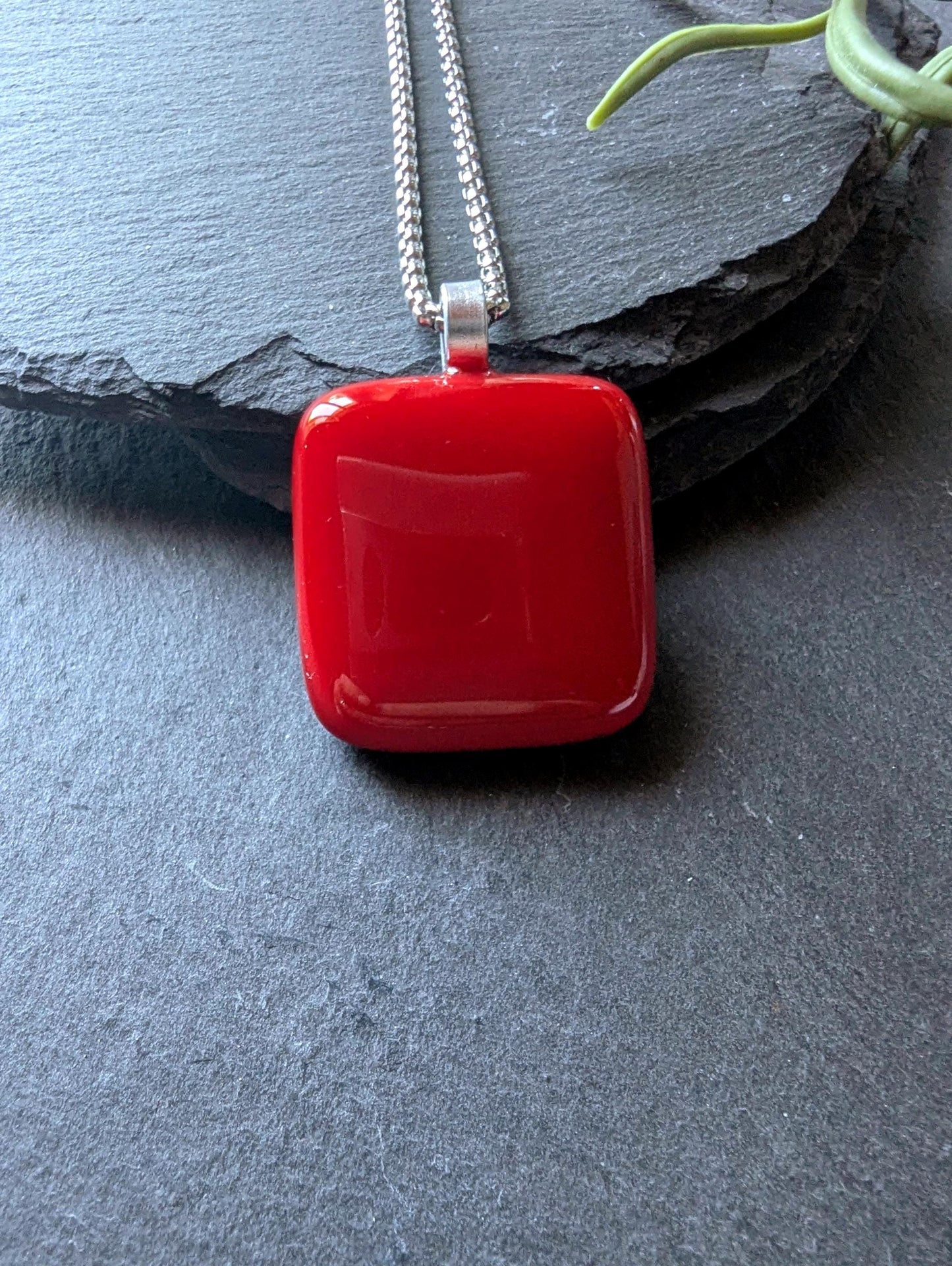 Handcrafted cherry red fused glass pendant with necklace and gift box
