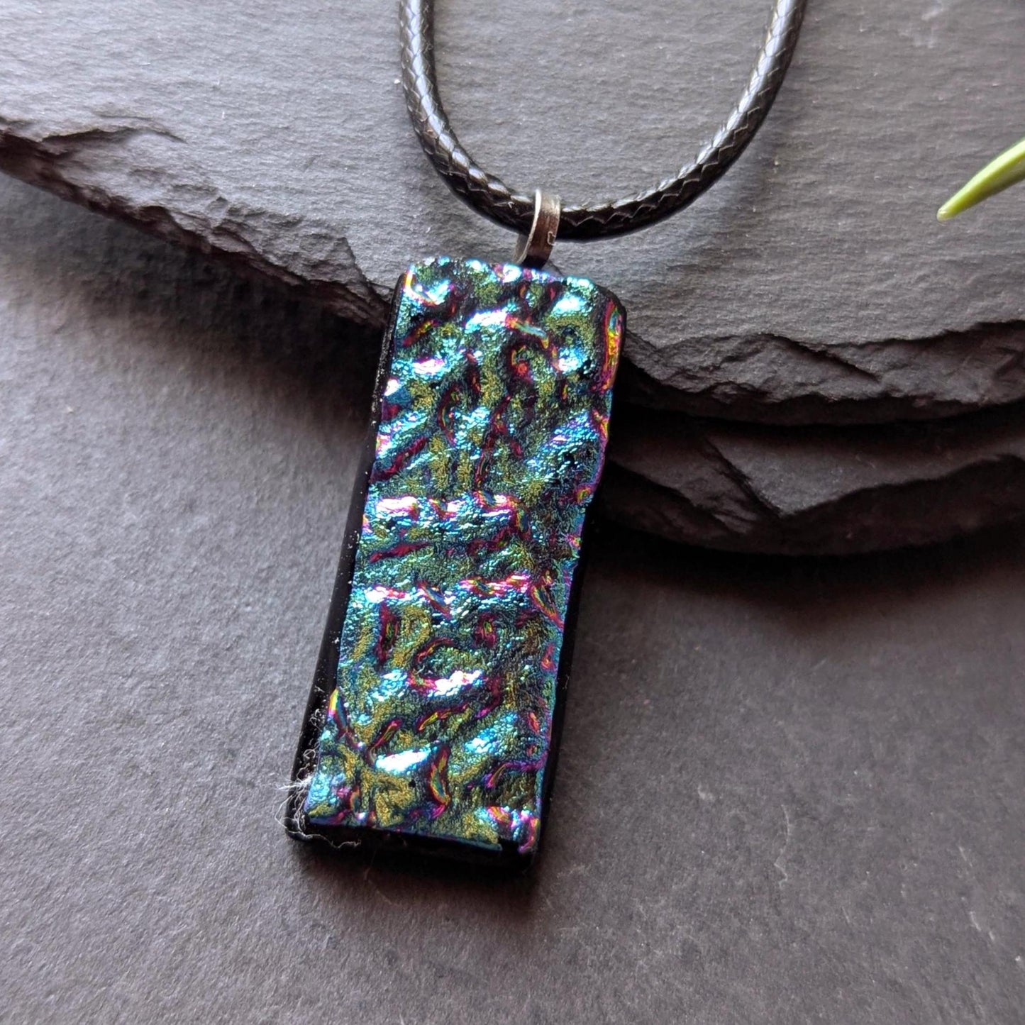 Handmade Blue and Pink Textured Dichroic Glass Pendant with Necklace