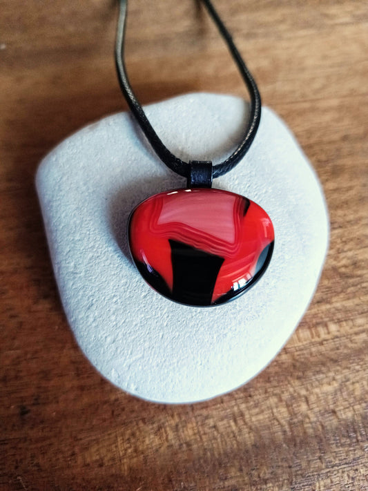 Handmade red and black fused glass pendant cord necklace, birthday gift for mom, sister, friend, unique jewelry, boho chic, unusual gift