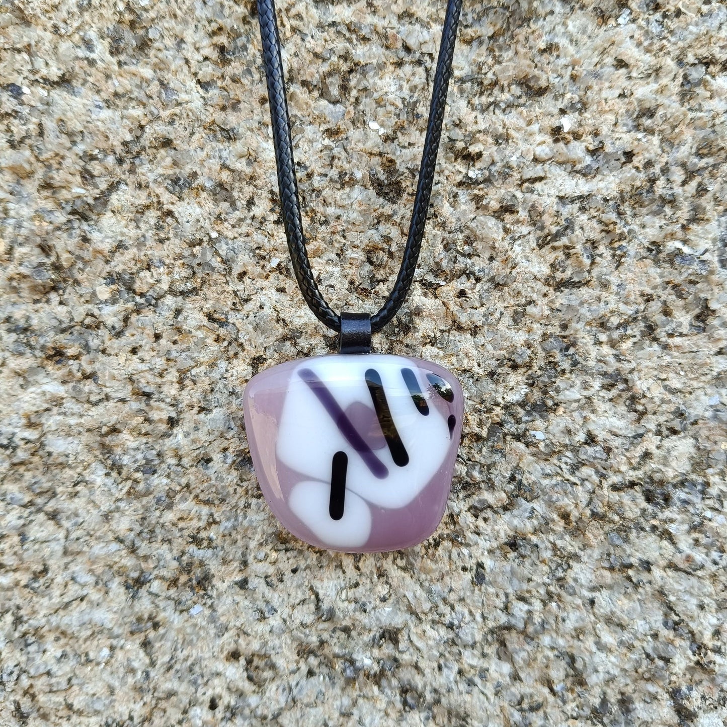 Handmade Purple Mauve Fused Glass Pendant with Black Cord Necklace - Bespoke Gift for Her