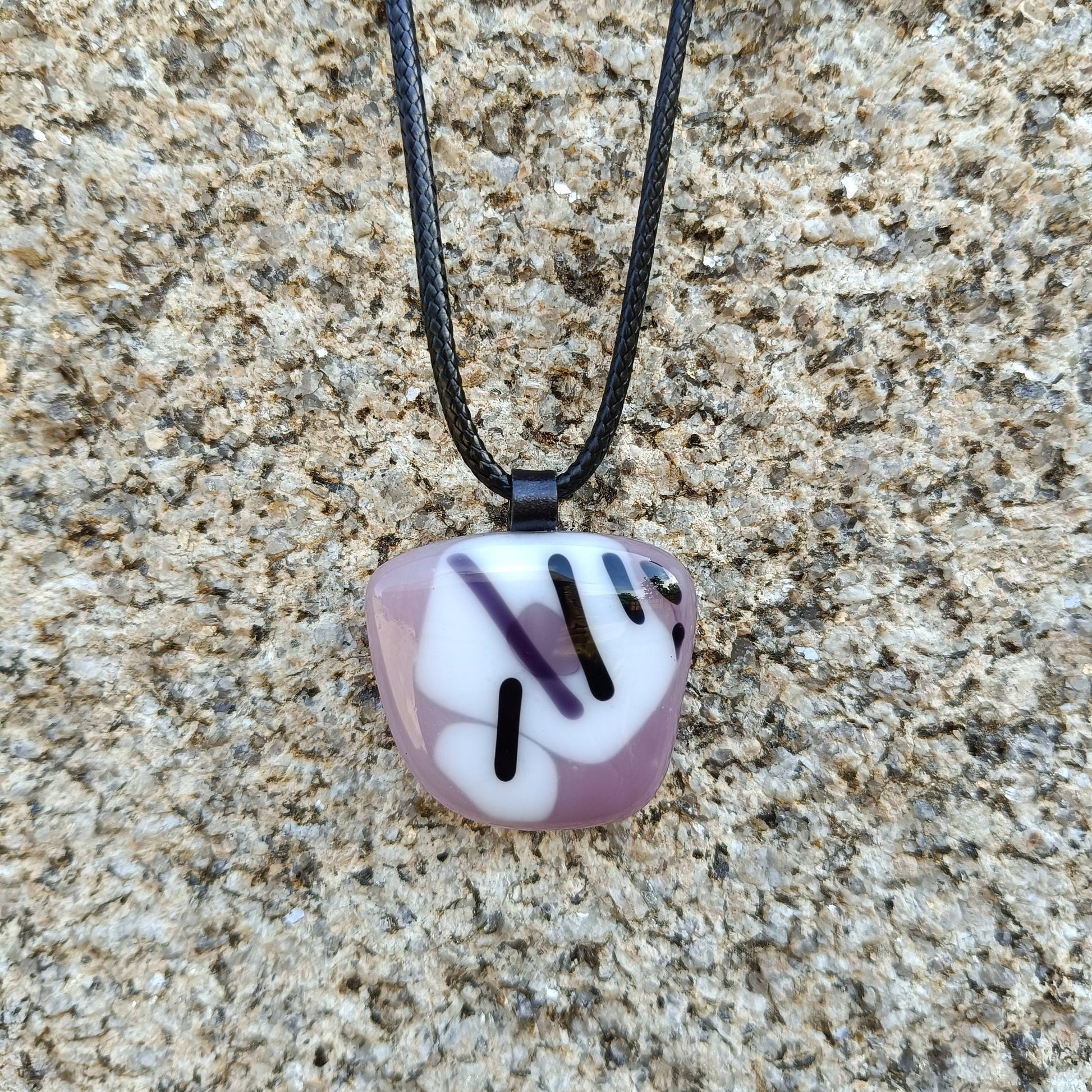 Handmade Purple Mauve Fused Glass Pendant with Black Cord Necklace - Bespoke Gift for Her