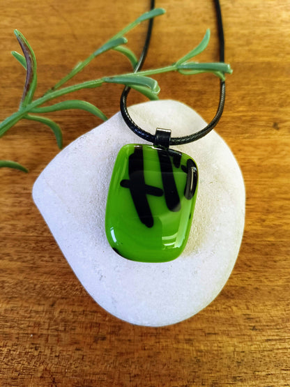 Green handcrafted fused glass pendant with cord necklace, birthday gift for her