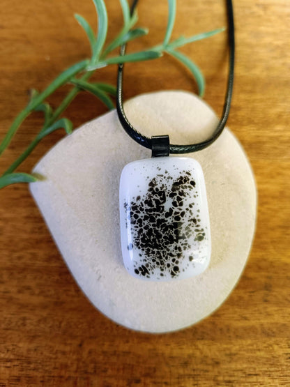 Handmade boho grungy black and white fused glass pendant necklace, birthday gift, jewelry for man or woman, teenage gift