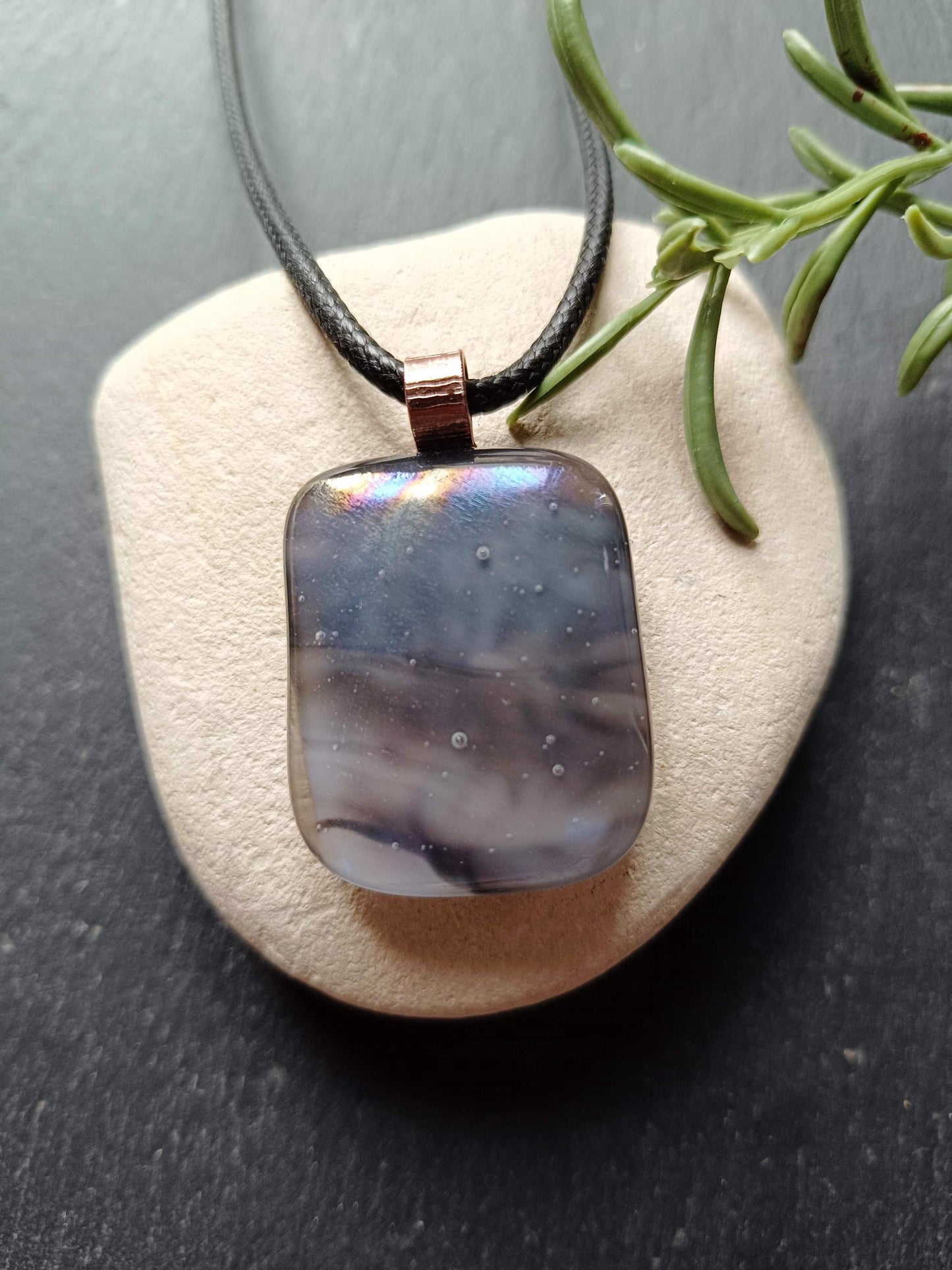 Handcrafted grey tone fused glass pendant necklace, Boho chic birthday gift, statement piece