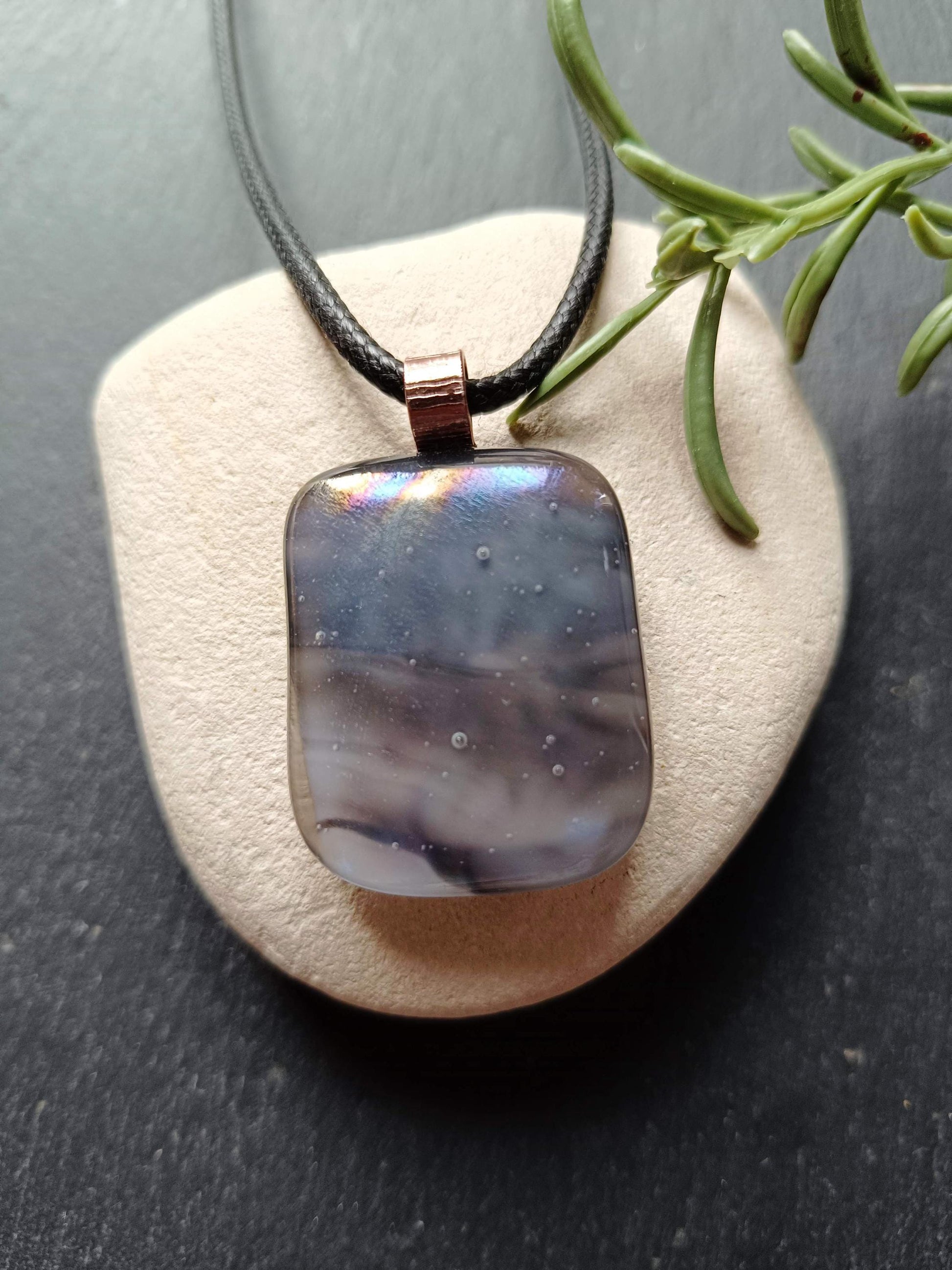 Handcrafted grey tone fused glass pendant necklace, Boho chic birthday gift, statement piece