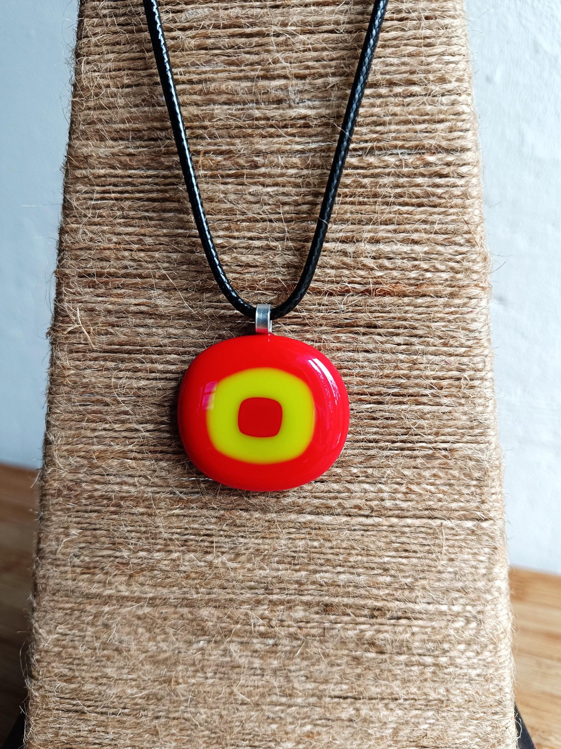 Handmade red and lime green fused glass pendant cord necklace, statement piece, gift for him or her