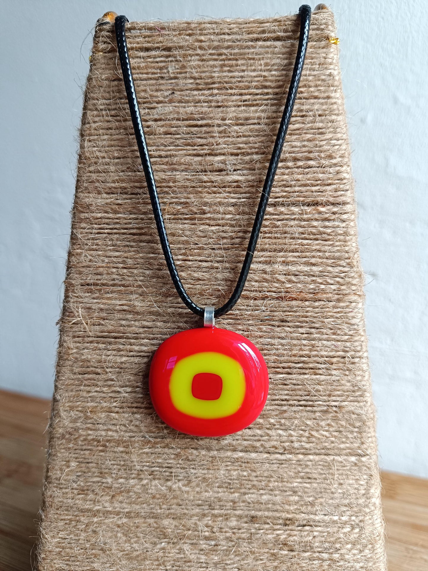 Handmade red and lime green fused glass pendant cord necklace, statement piece, gift for him or her