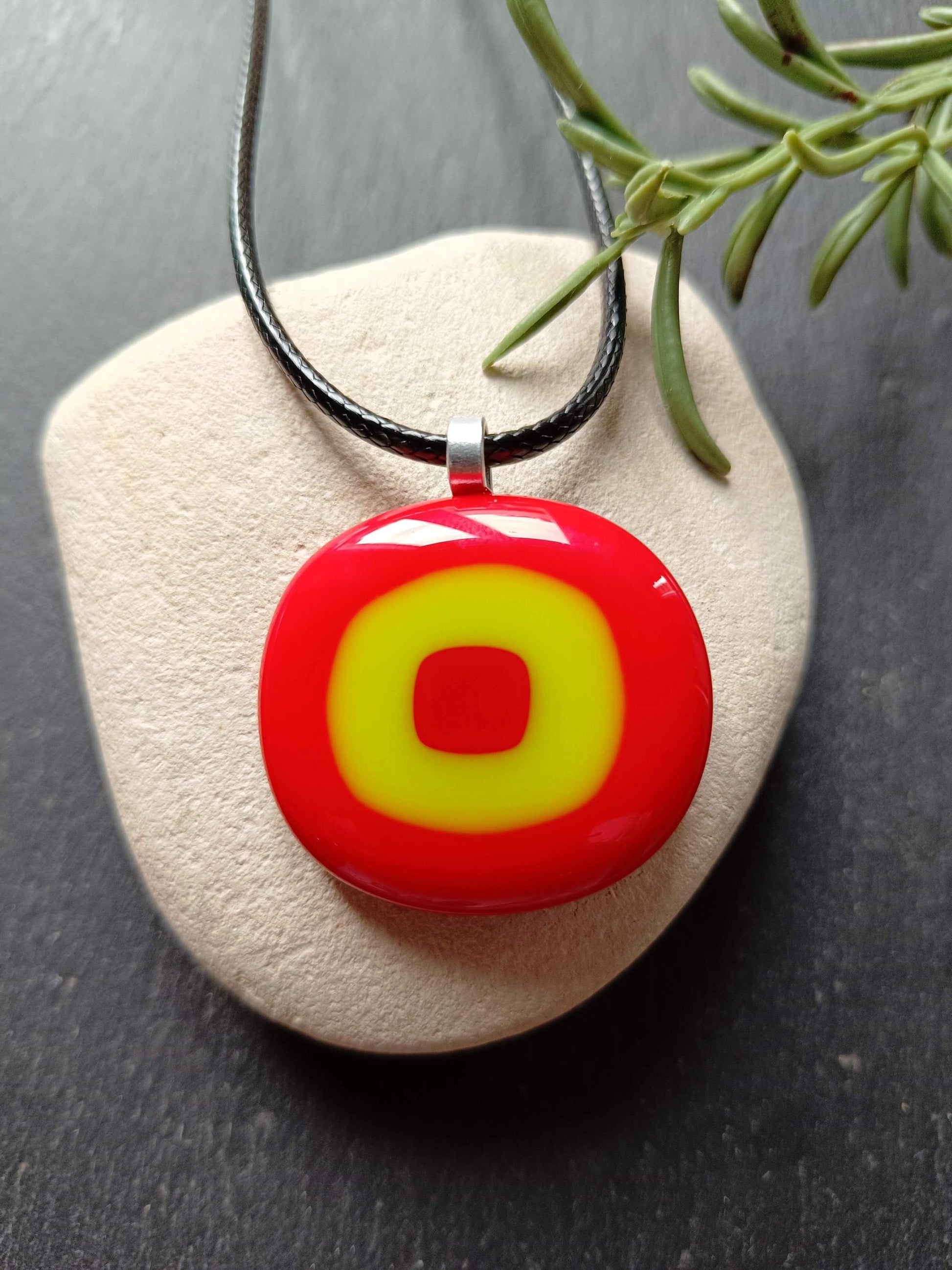 Handmade red and lime green fused glass pendant cord necklace, statement piece, gift for him or her