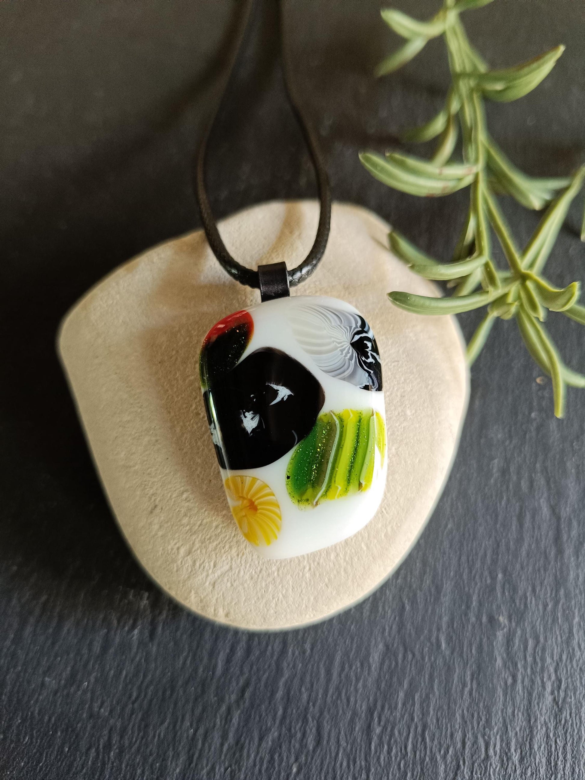 Vibrant Fused Glass Pendant on Cord Necklace - Multi Colored Boho Chic Gift for Mom, Sister, Friend