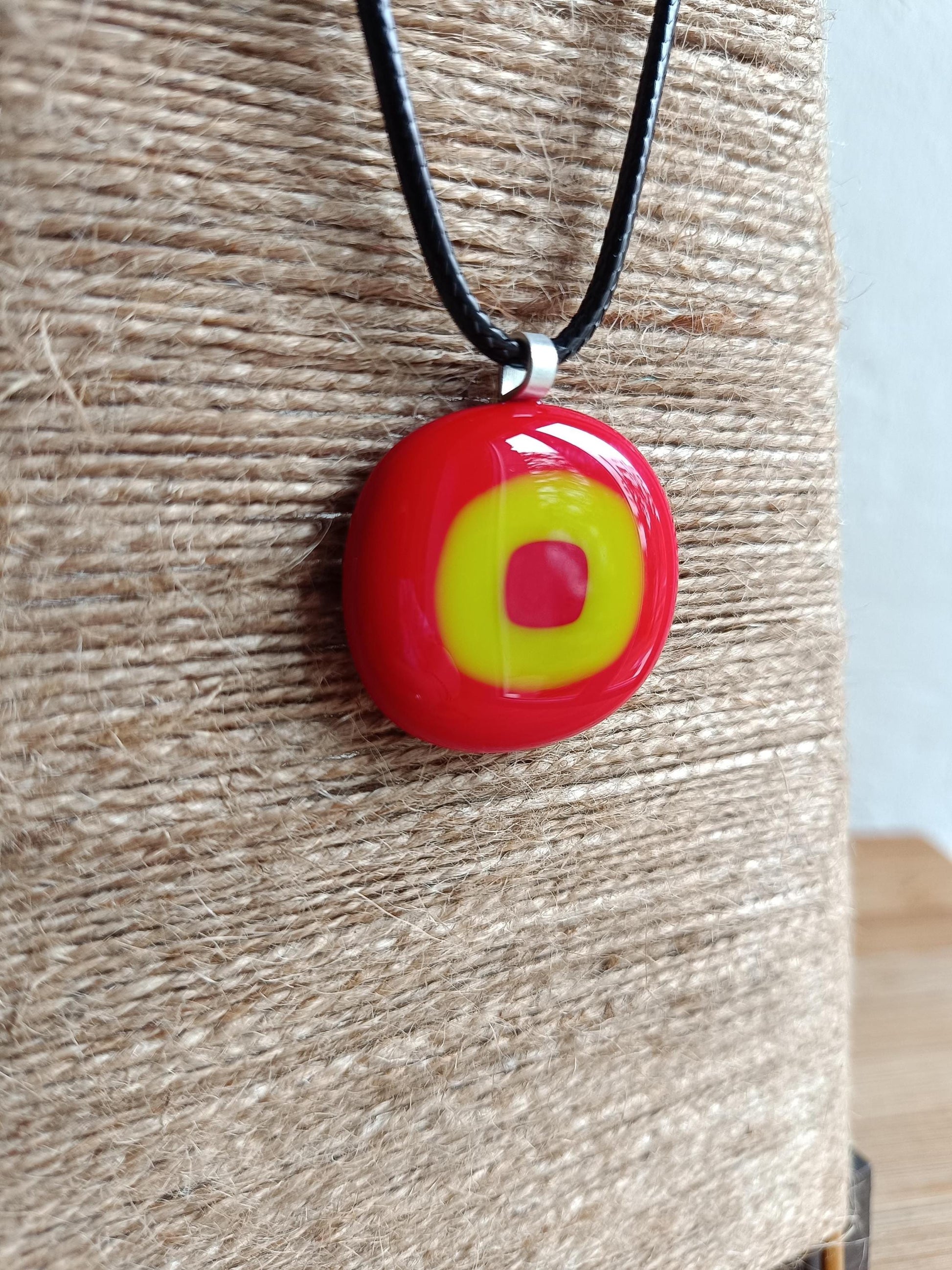 Handmade red and lime green fused glass pendant cord necklace, statement piece, gift for him or her
