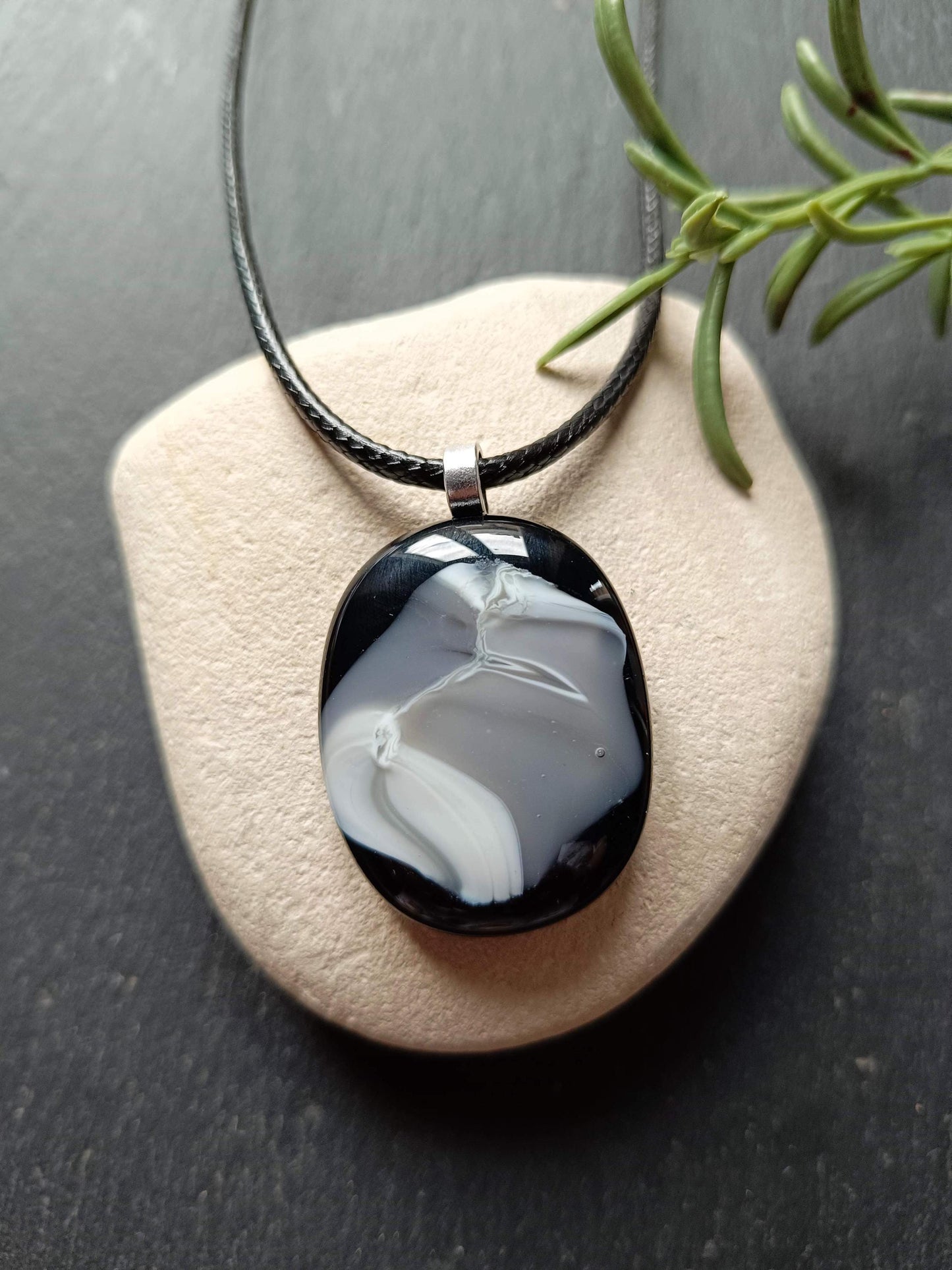 Handmade monotone fused glass pendant with black cord necklace, gift for her or him, boho chic festival jewellery