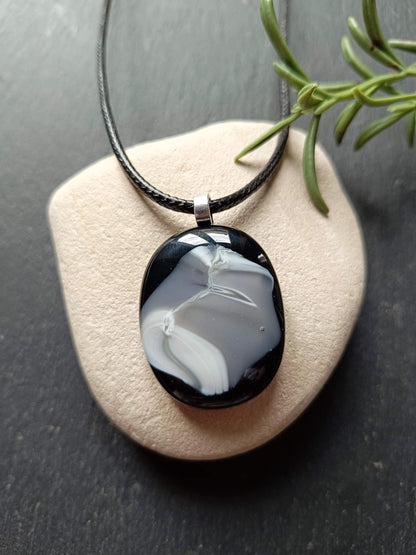 Handmade monotone fused glass pendant with black cord necklace, gift for her or him, boho chic festival jewellery