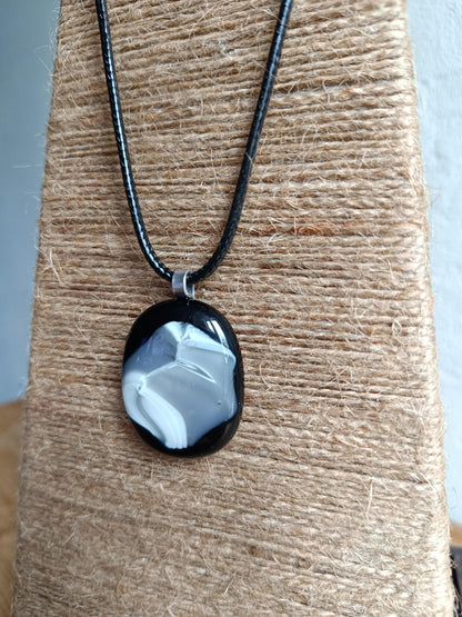 Handmade monotone fused glass pendant with black cord necklace, gift for her or him, boho chic festival jewellery
