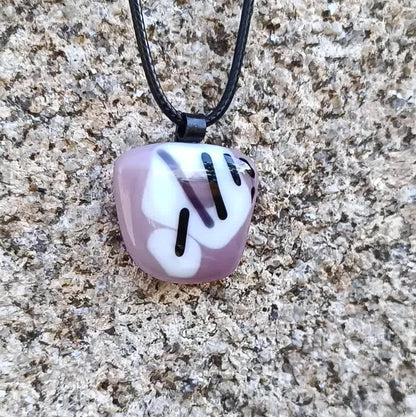 Handmade Purple Mauve Fused Glass Pendant with Black Cord Necklace - Bespoke Gift for Her