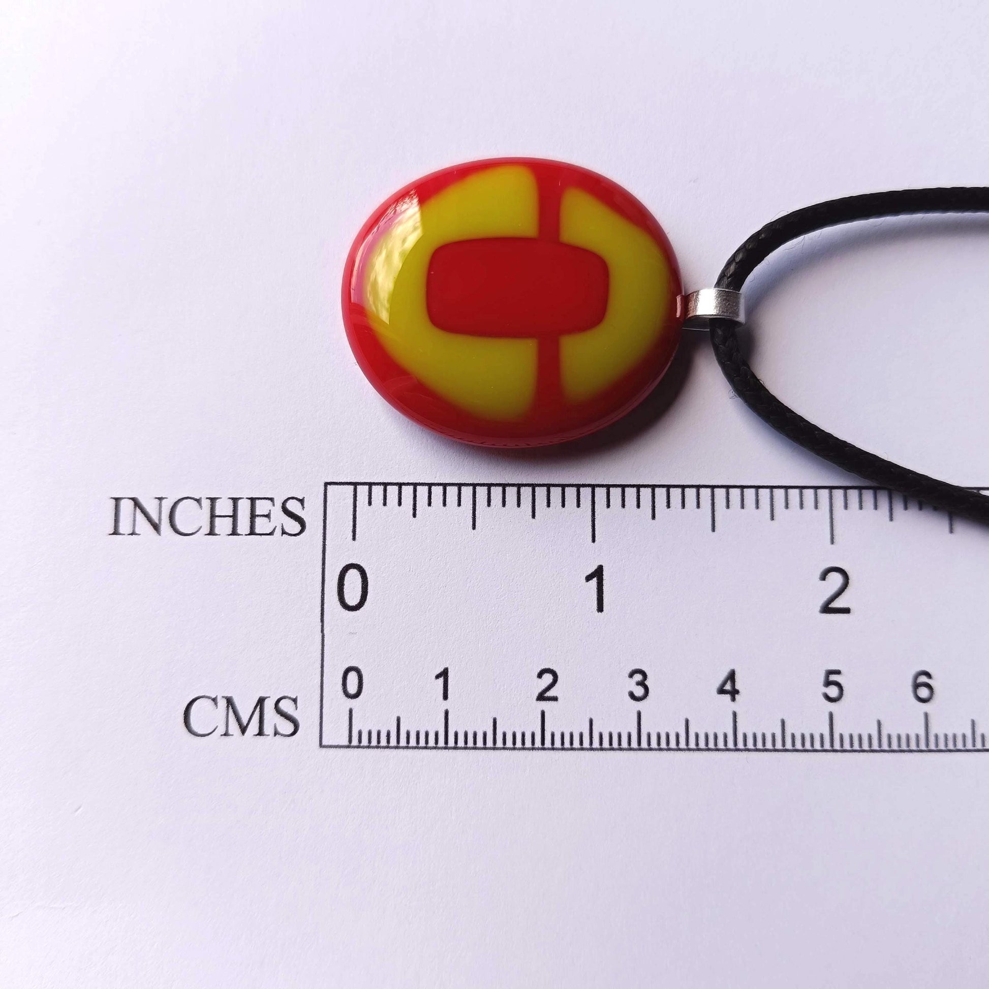 Handmade red and lime green fused glass pendant cord necklace, statement piece, gift for her