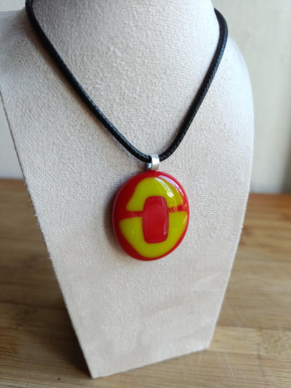 Handmade red and lime green fused glass pendant cord necklace, statement piece, gift for her