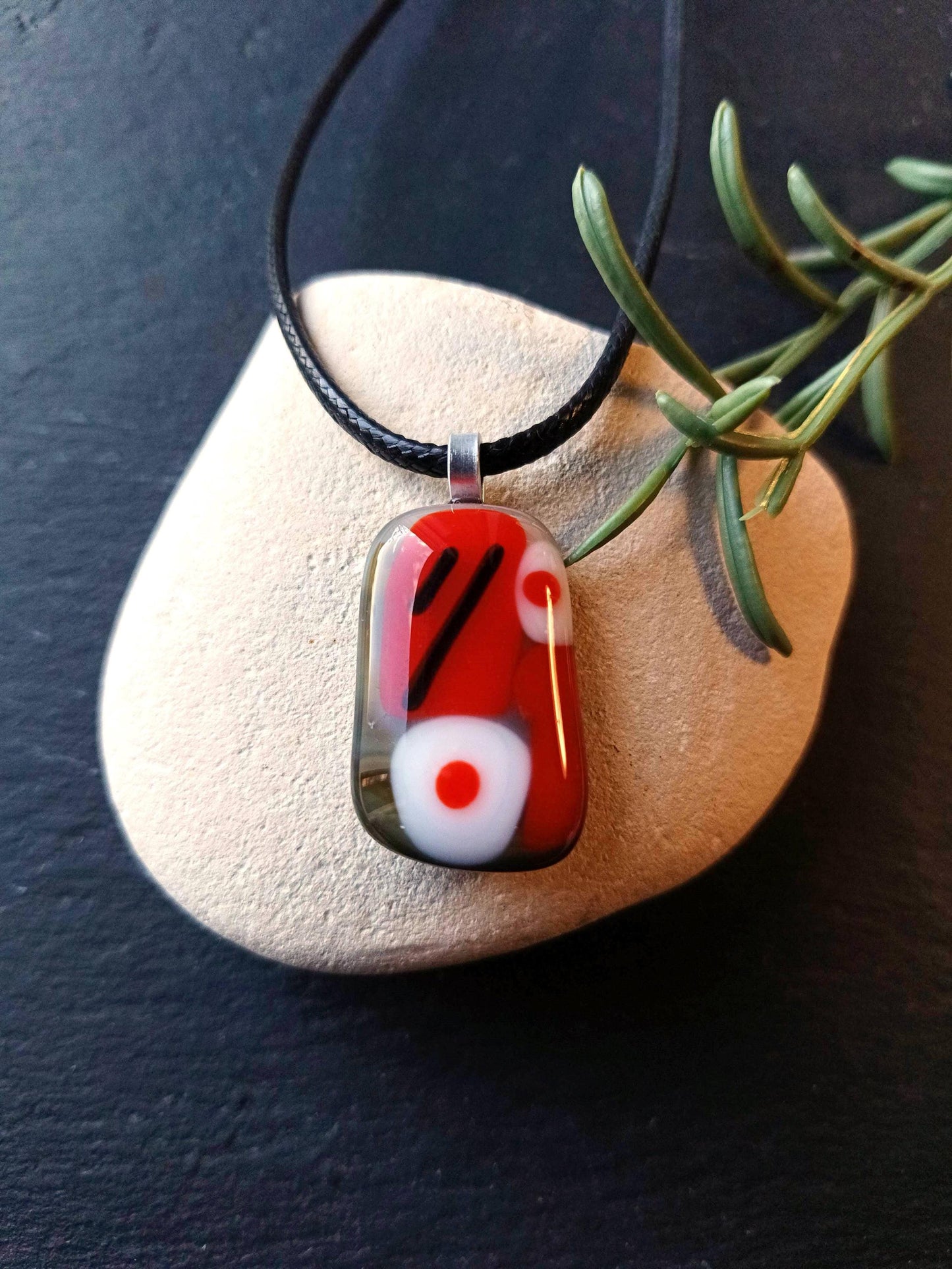 Handcrafted red colourful fused glass pendant necklace, gift for her, unique statement jewelry