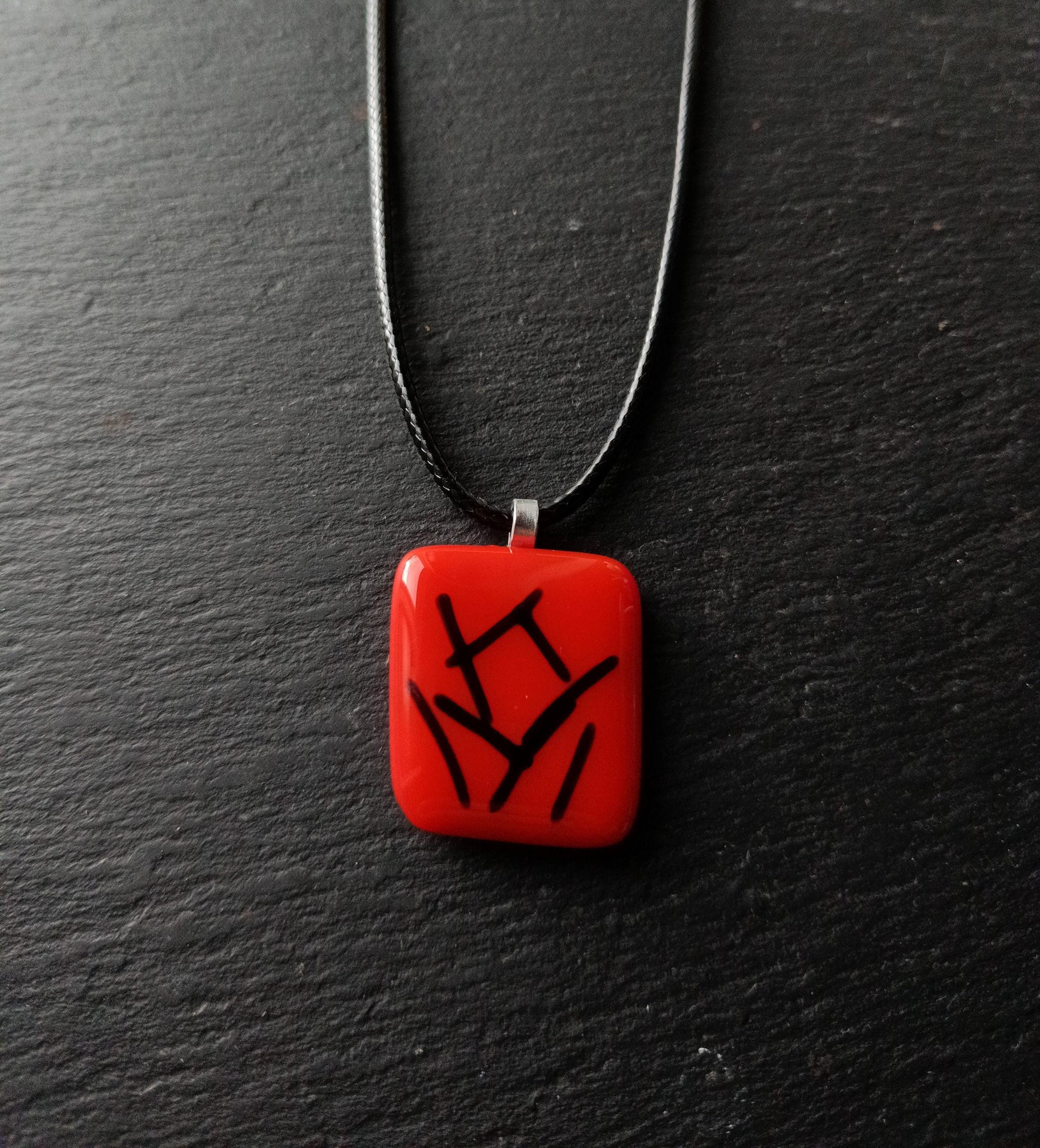 Handmade red and black fused glass pendant necklace, original creation, letterbox birthday gift for her
