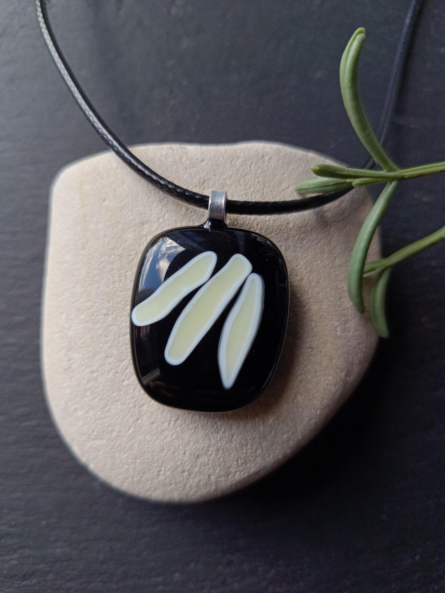 Handmade black and vanilla fused glass pendant necklace, unique birthday gift idea, wearable art jewellery, boho chic gift
