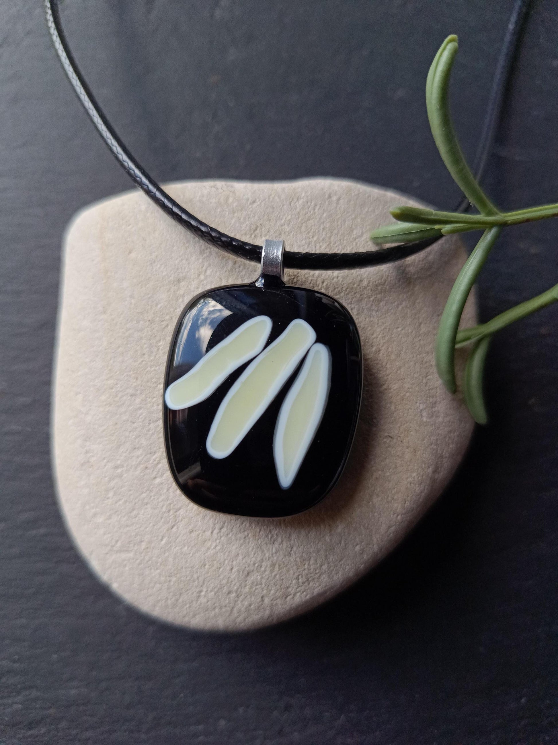 Handmade black and vanilla fused glass pendant necklace, unique birthday gift idea, wearable art jewellery, boho chic gift