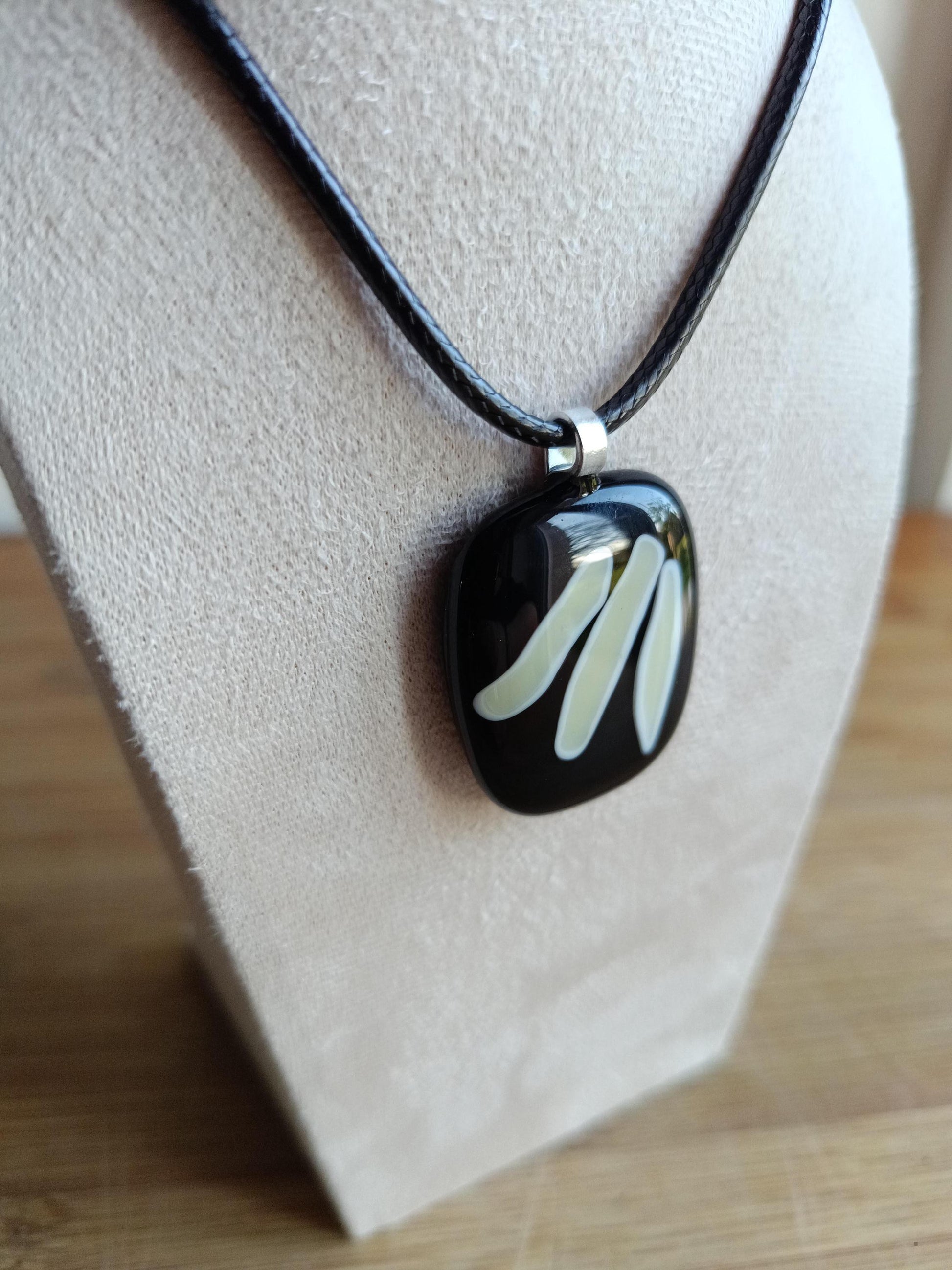 Handmade black and vanilla fused glass pendant necklace, unique birthday gift idea, wearable art jewellery, boho chic gift