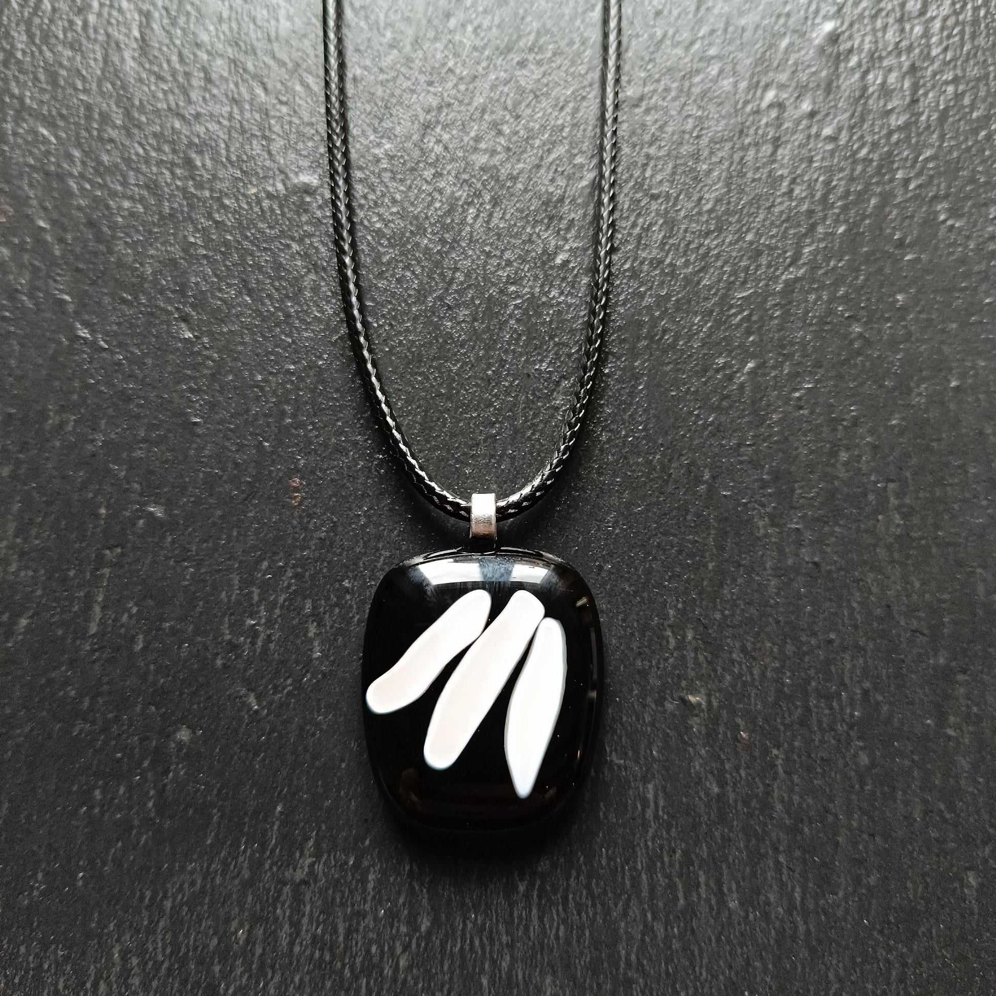 Handmade black and vanilla fused glass pendant necklace, unique birthday gift idea, wearable art jewellery, boho chic gift