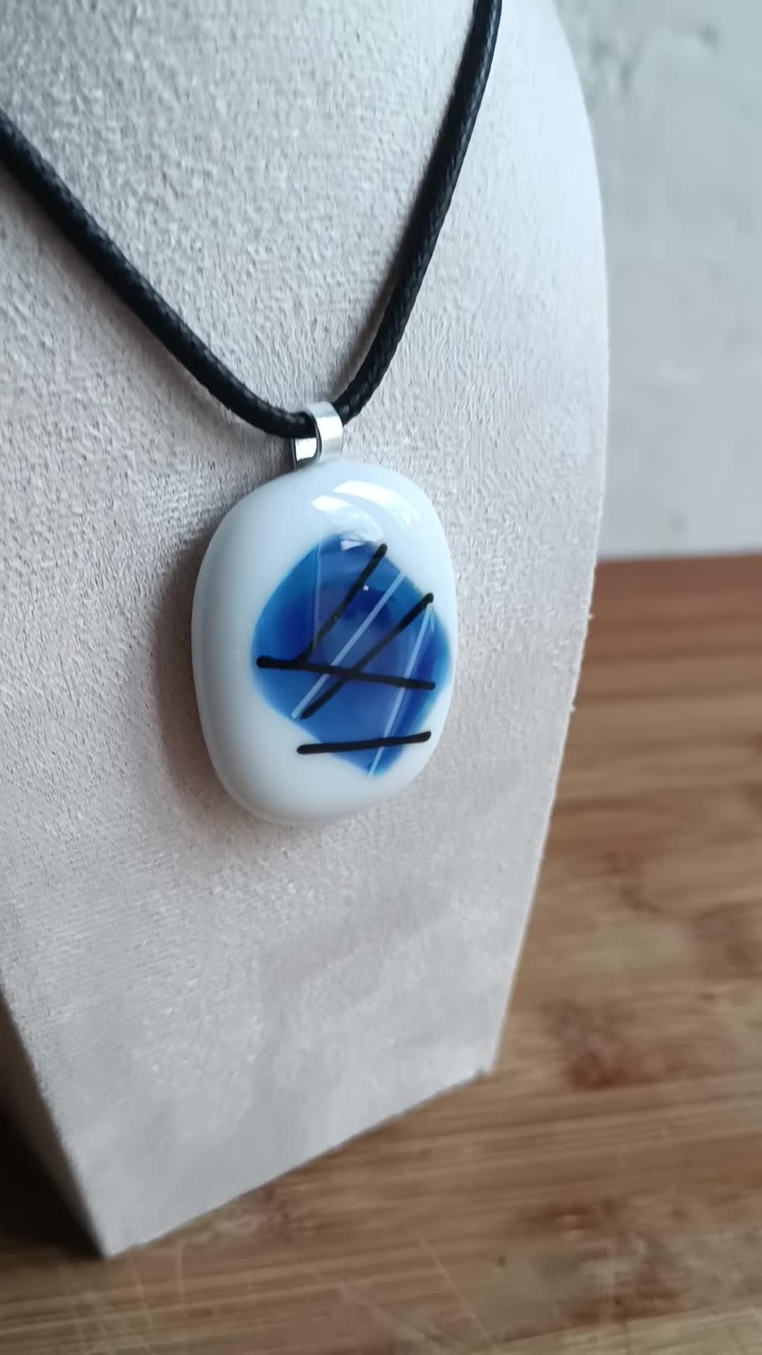 Handmade fused glass pendant with cord necklace, blue and white gift for her, unique art glass gift