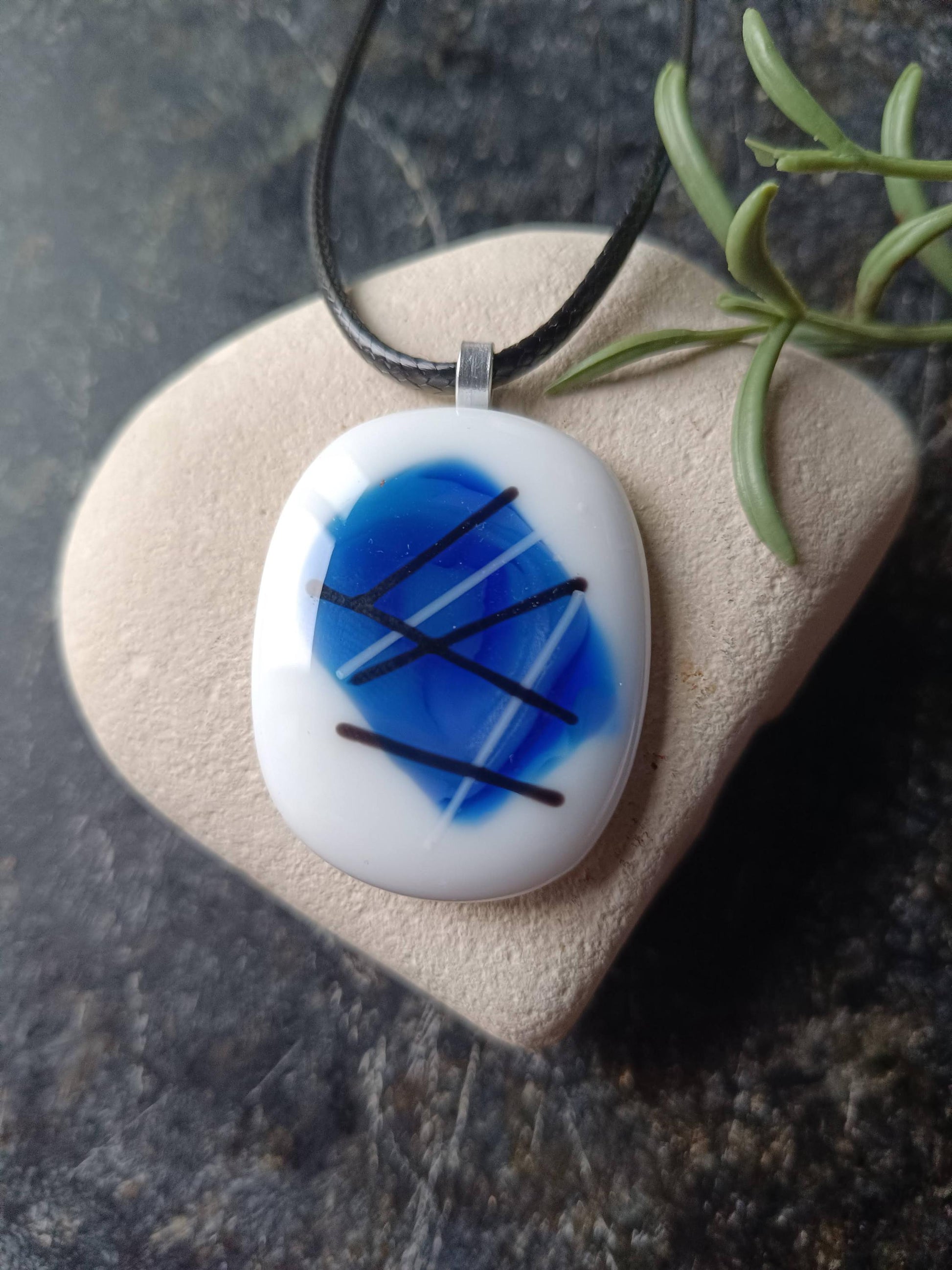 Handmade fused glass pendant with cord necklace, blue and white gift for her, unique art glass gift