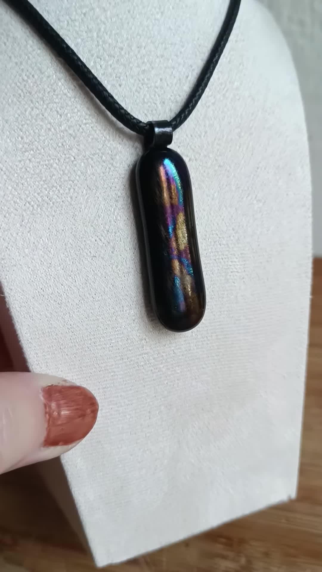 Handmade Iridescent Glass Pendant With Necklace - Fused Glass Pendant - Long Glass Pendant