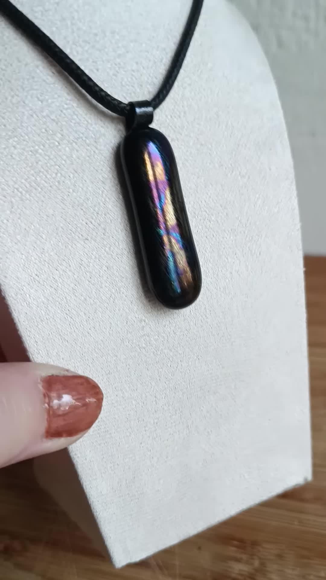 Handmade Iridescent Glass Pendant With Necklace - Fused Glass Pendant - Long Glass Pendant