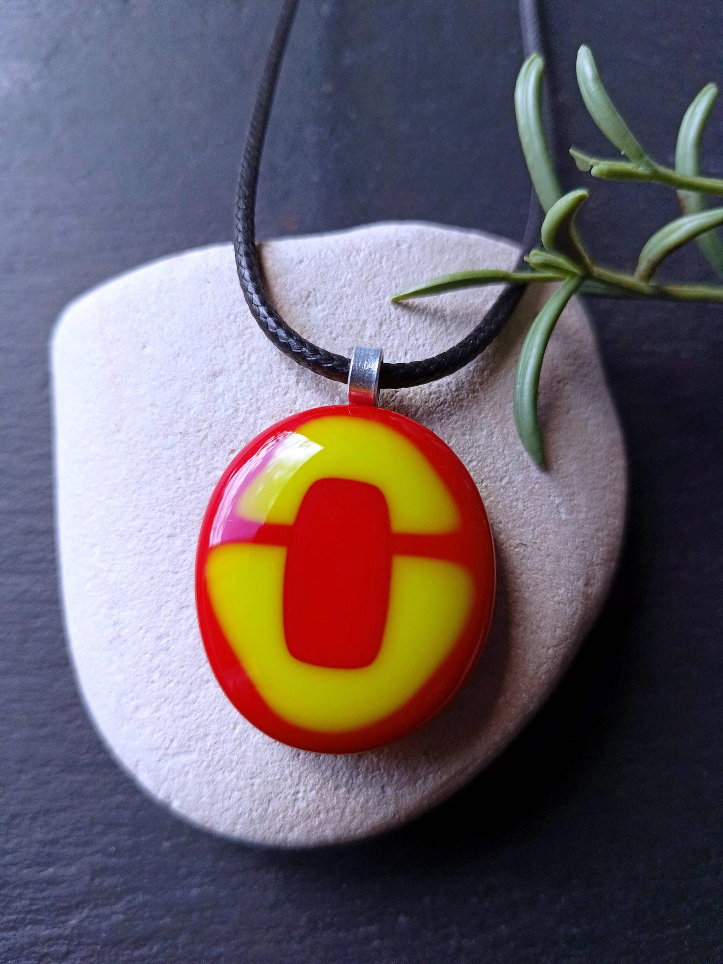 Handmade red and lime green fused glass pendant cord necklace, statement piece, gift for her