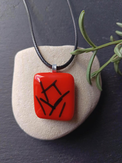 Handmade red and black fused glass pendant necklace, original creation, letterbox birthday gift for her
