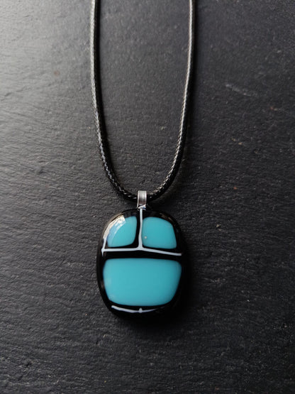 Handmade black and blue fused glass pendant with cord necklace, unisex birthday gift, unique jewelry, boho chic
