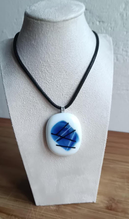 Handmade fused glass pendant with cord necklace, blue and white gift for her, unique art glass gift