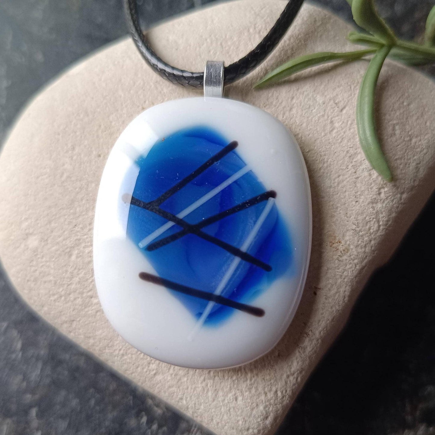 Handmade fused glass pendant with cord necklace, blue and white gift for her, unique art glass gift