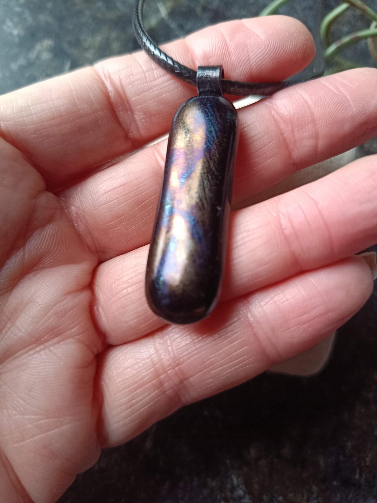 Handmade Iridescent Glass Pendant With Necklace - Fused Glass Pendant - Long Glass Pendant