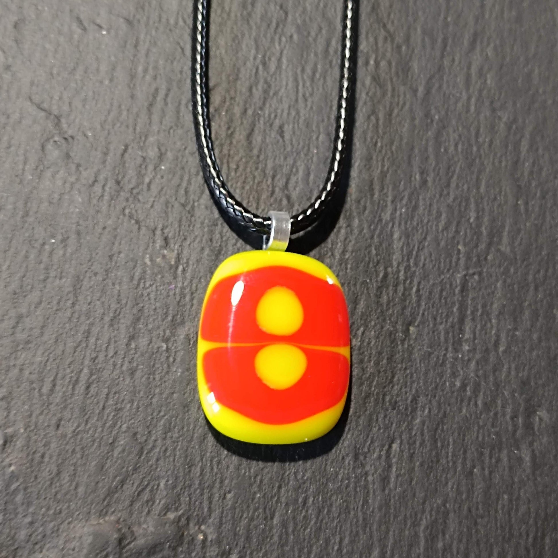 Handmade red and lime green melted glass pendant, unique fused glass necklace, funky birthday gift for her or for him