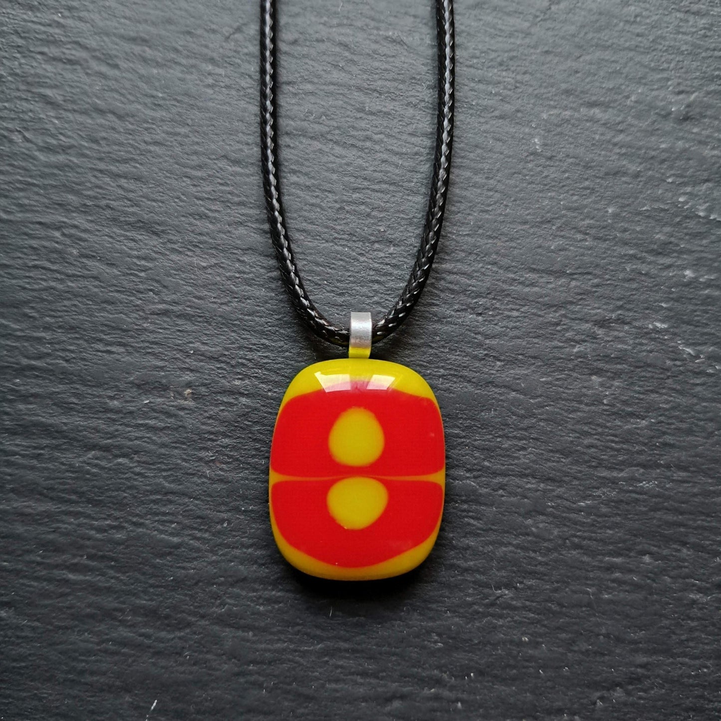 Handmade red and lime green melted glass pendant, unique fused glass necklace, funky birthday gift for her or for him