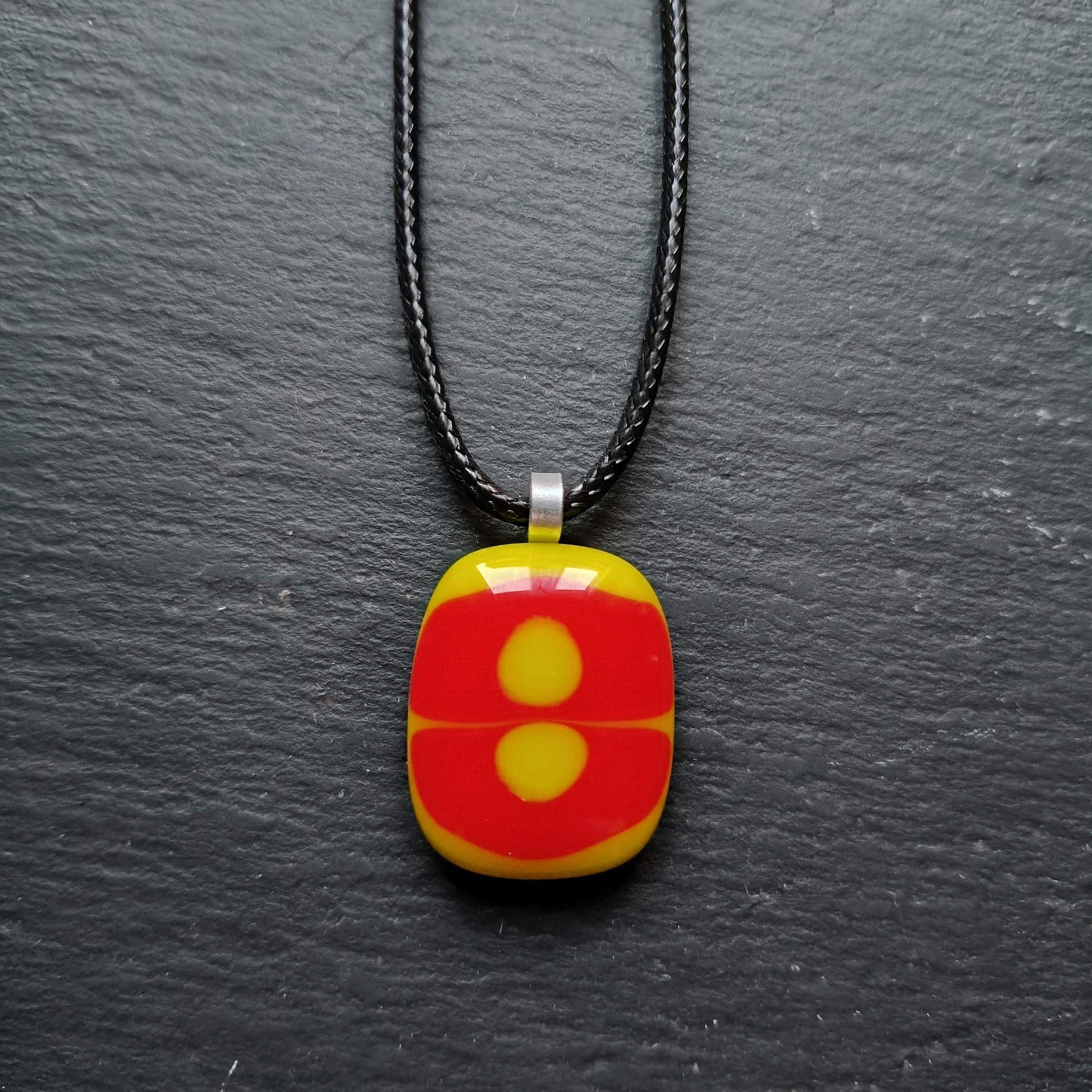 Handmade red and lime green melted glass pendant, unique fused glass necklace, funky birthday gift for her or for him