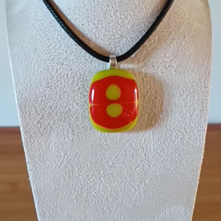 Handmade red and lime green melted glass pendant, unique fused glass necklace, funky birthday gift for her or for him