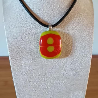 Handmade red and lime green melted glass pendant, unique fused glass necklace, funky birthday gift for her or for him