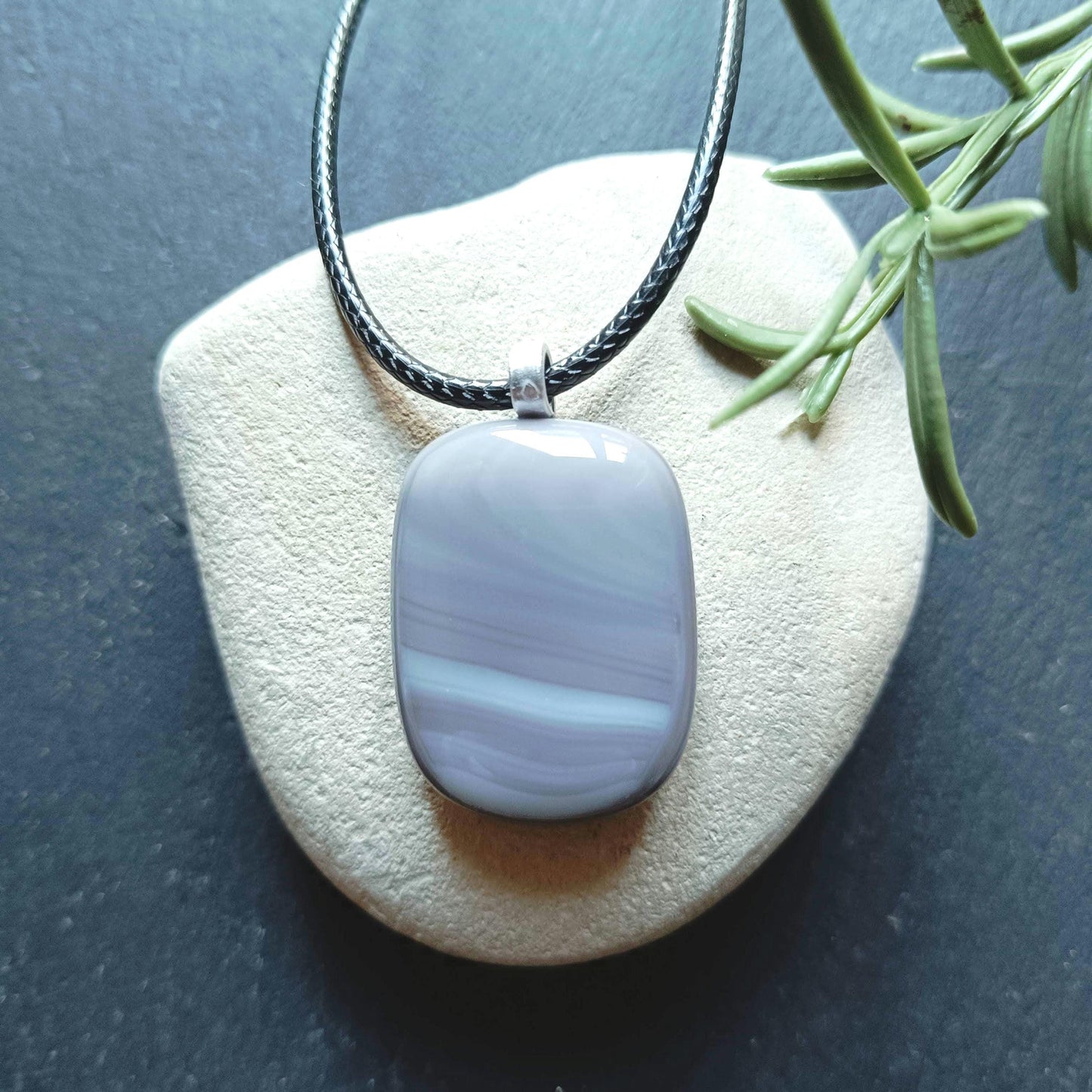 Handmade Unisex Fused Glass Pendant in Natural Grey Tones with Necklace