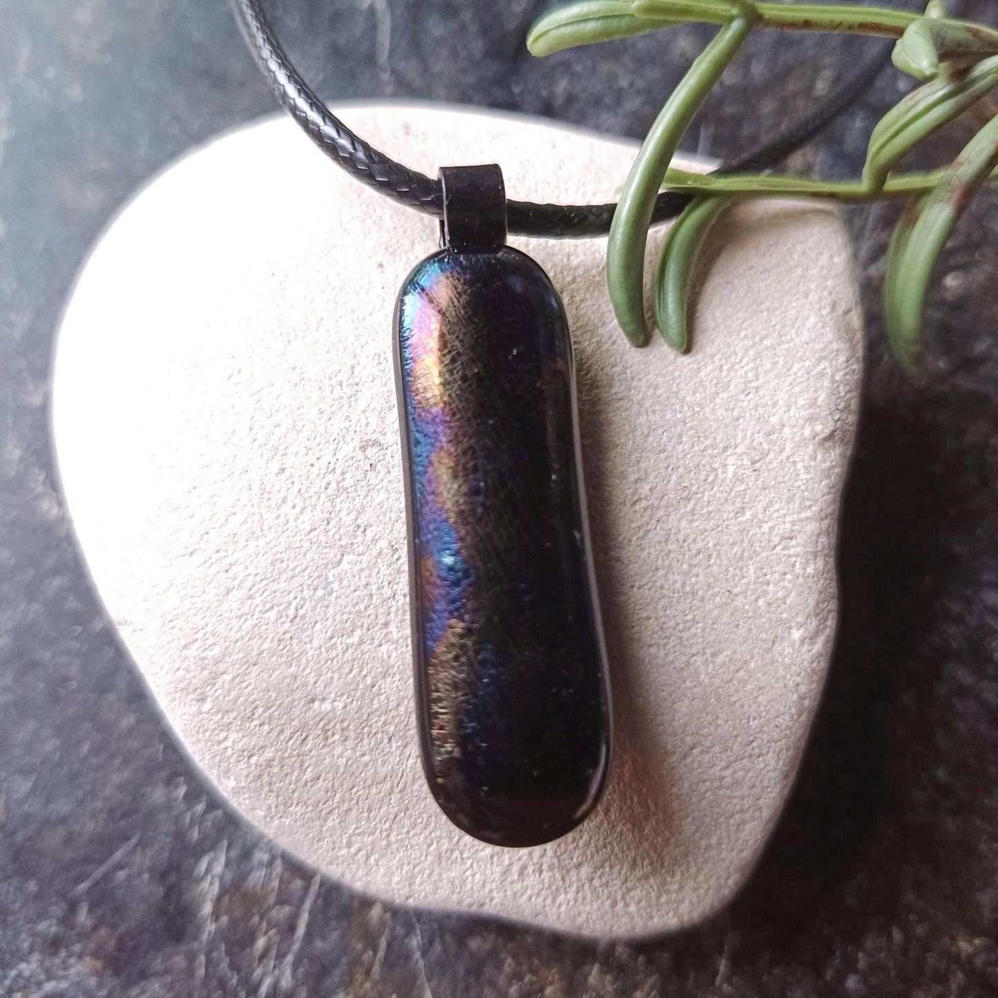 Handmade Iridescent Glass Pendant With Necklace - Fused Glass Pendant - Long Glass Pendant