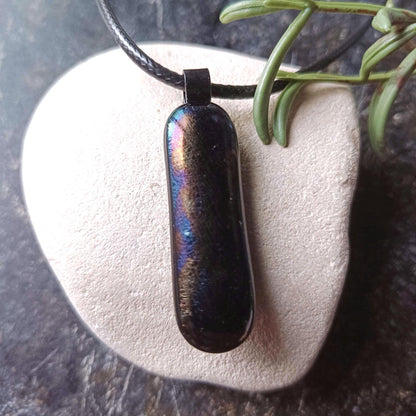 Handmade Iridescent Glass Pendant With Necklace - Fused Glass Pendant - Long Glass Pendant