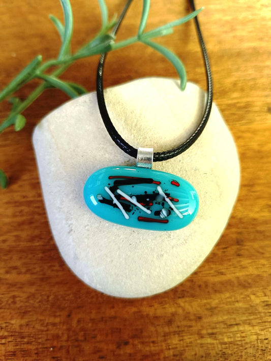 Handmade blue abstract fused glass pendant with cord necklace