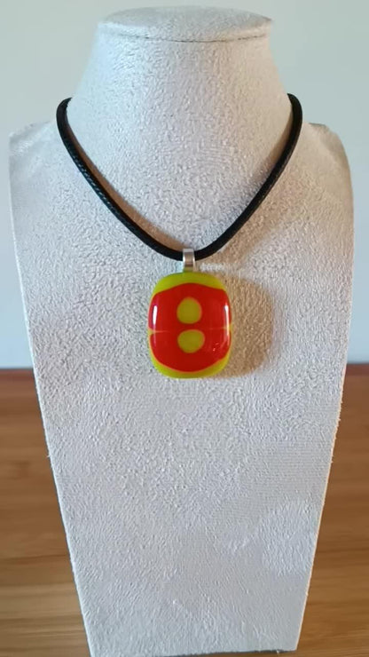 Handmade red and lime green melted glass pendant, unique fused glass necklace, funky birthday gift for her or for him
