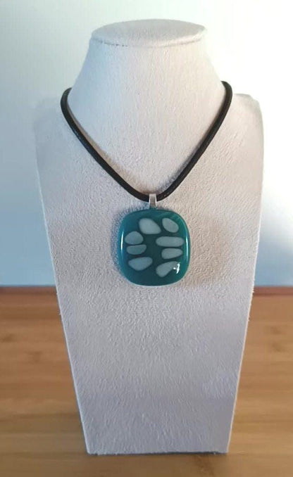 Handmade dark turquoise blue and vanilla fused glass pendant cord necklace, statement piece, birthday gift for him or her